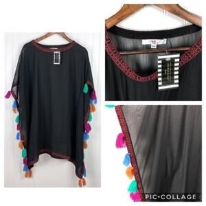 A&B Women's Popover Coverup Poncho Sheer Chiffon‎ Draped Tassel Embroidery Boho